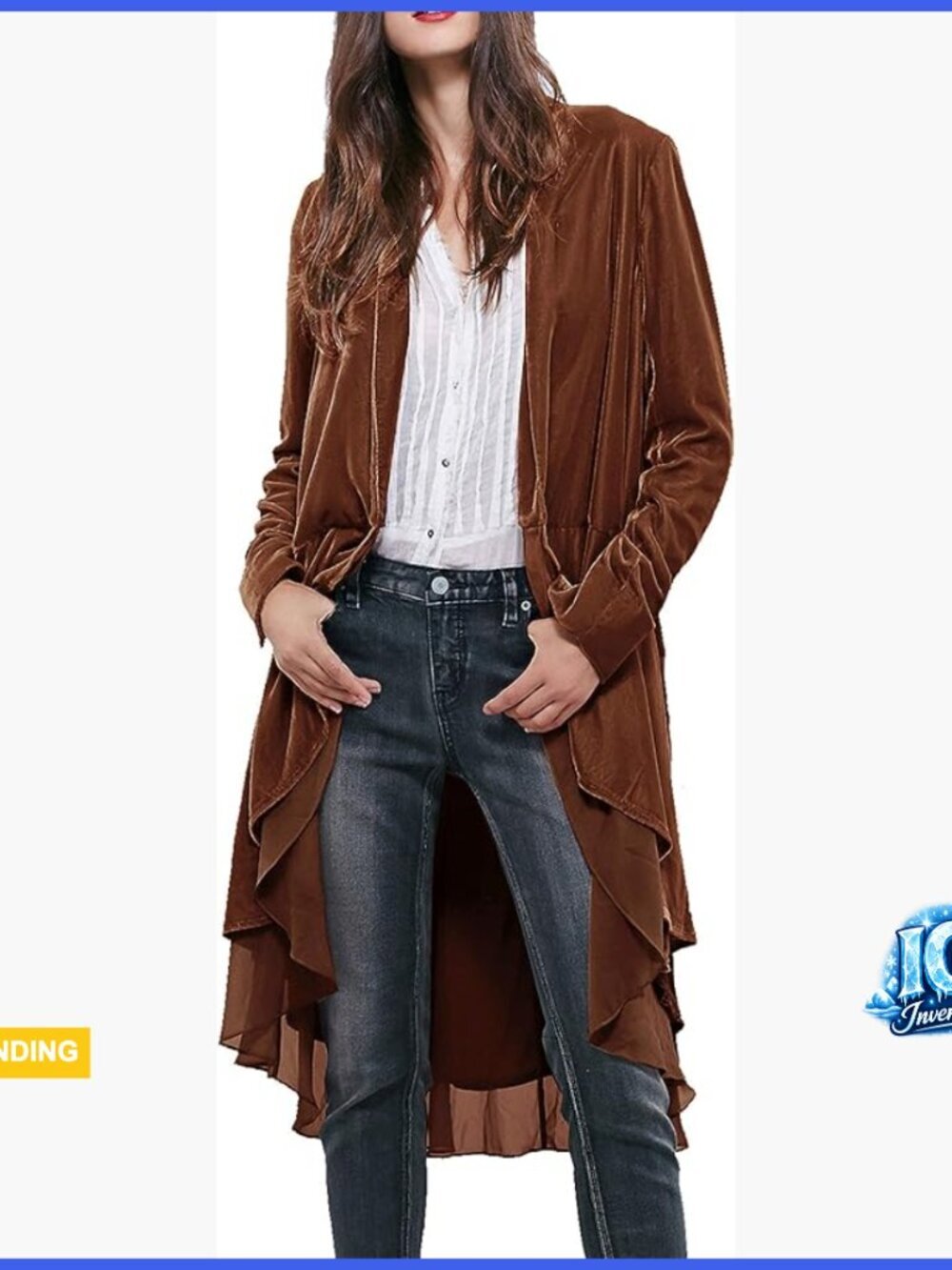 Long Velvet Blazer with Ruffles, Asymmetric Hem, Cardigan Style